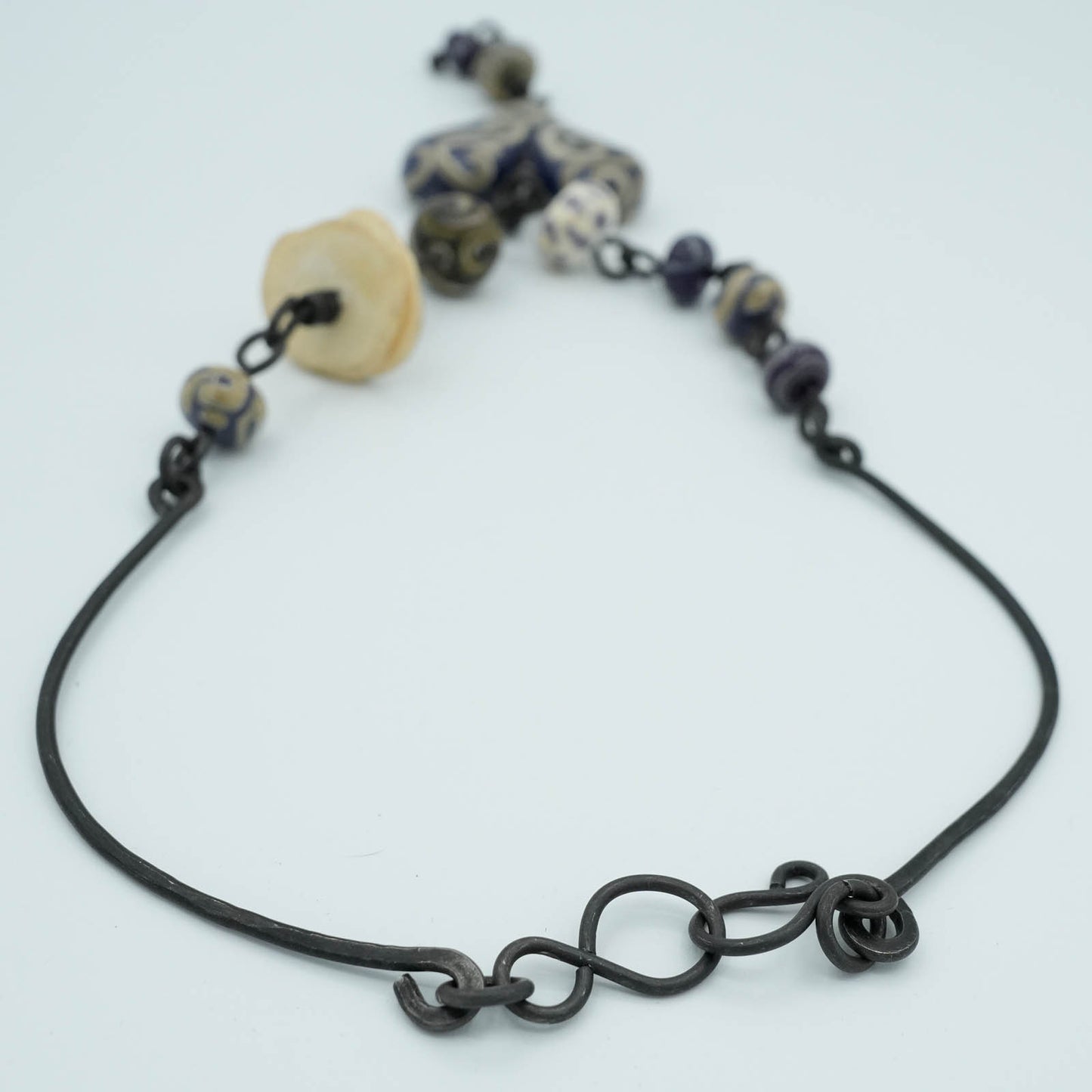 Amber Lamp-worked Heart and Metal Beads Steel Wire Necklace