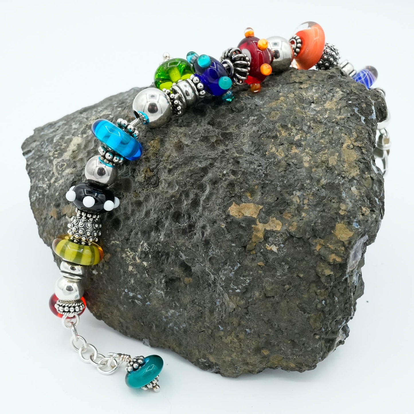 Mixed Color Lampwork Glass Bead and silver wire bracelet