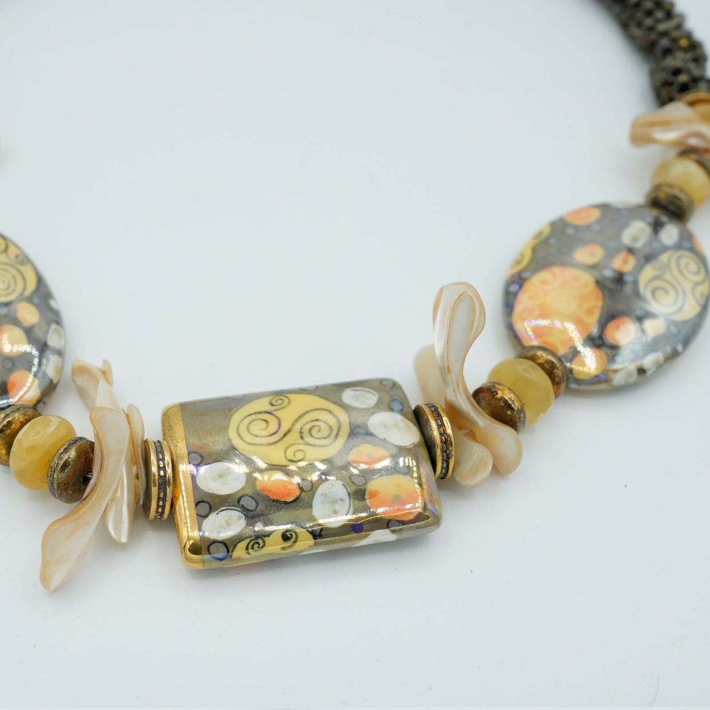 Gold Porcelain Beads and Freshwater Pearls with Tubular Peyote Seed Bead Chain