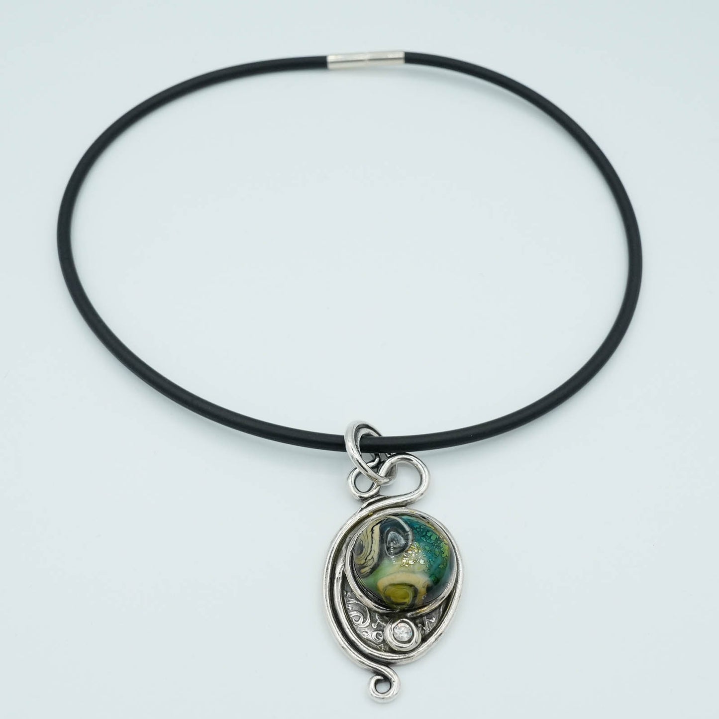 Precious Metal Clay and Swirled Blue and Green Glass Pendant Rubber Chain Necklace