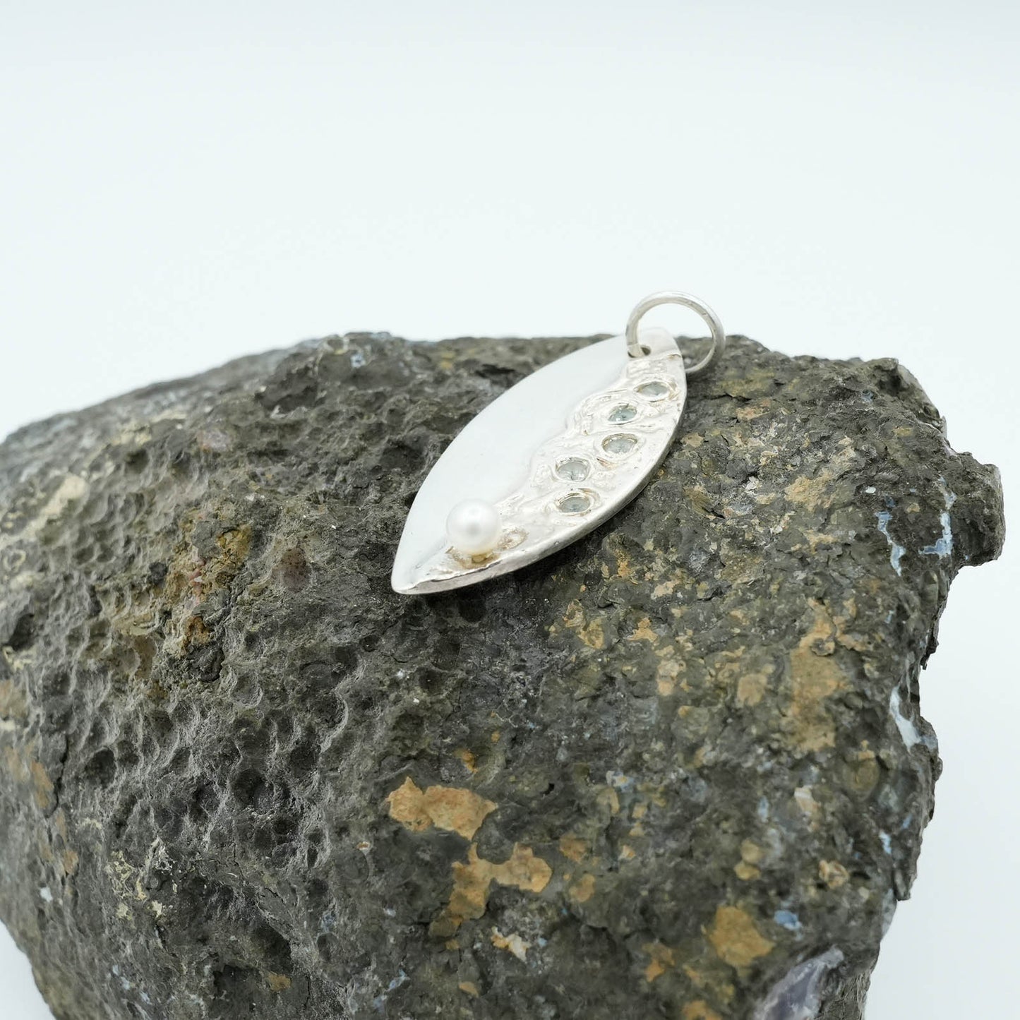 Leaf Shaped Precious Metal Clay Pendant with Pearl and Sapphires