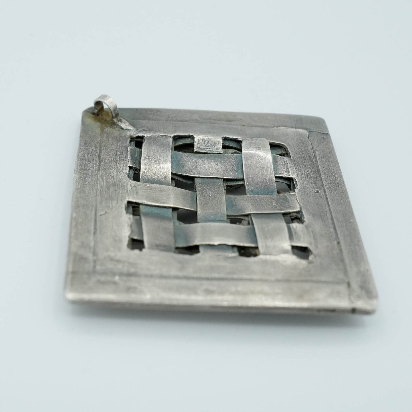 Diamond shaped Precious Metal Clay Pendant, Glass Bead Embellishment with Patina