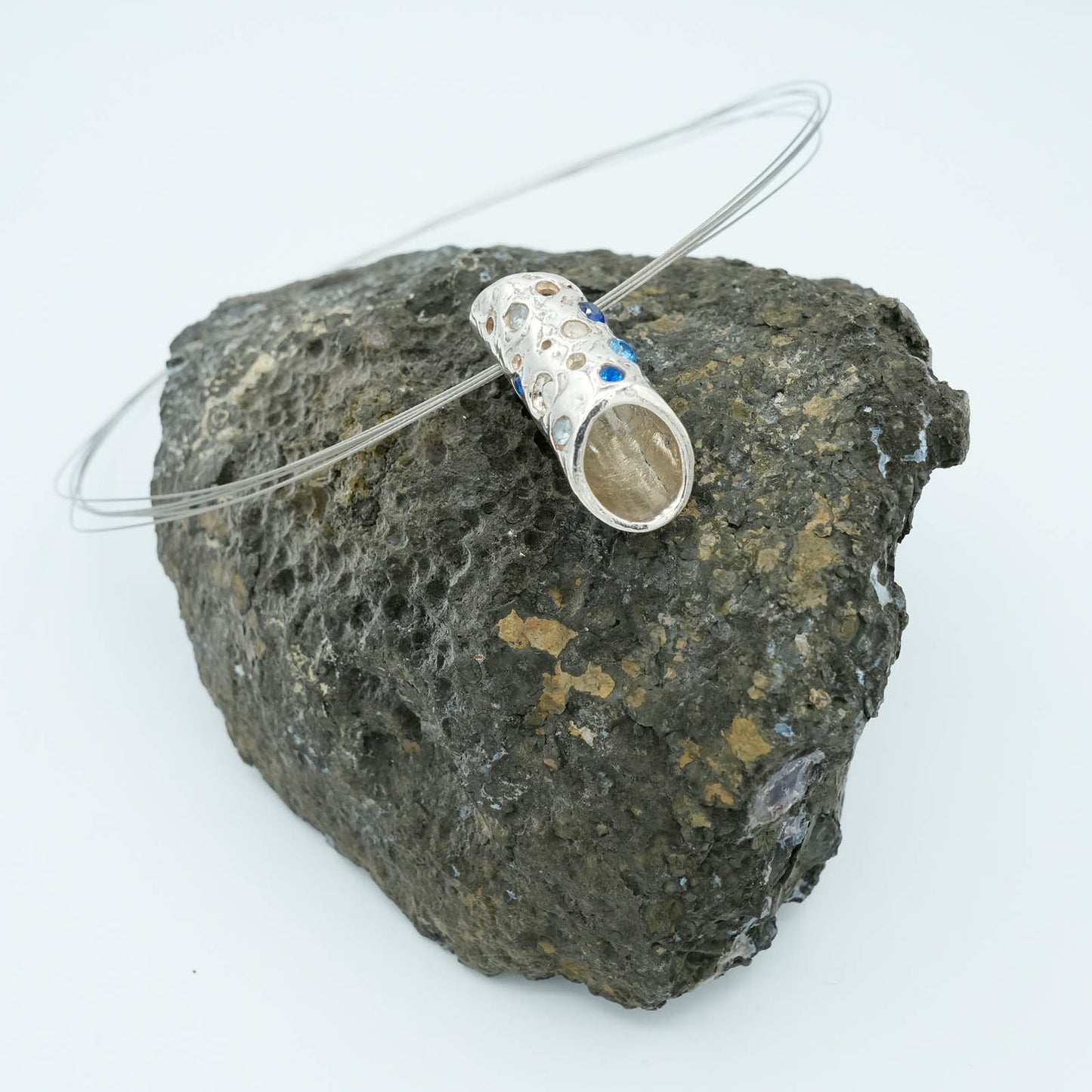 Textured and Sapphire Studded Tubular Precious Metal Clay Pendant