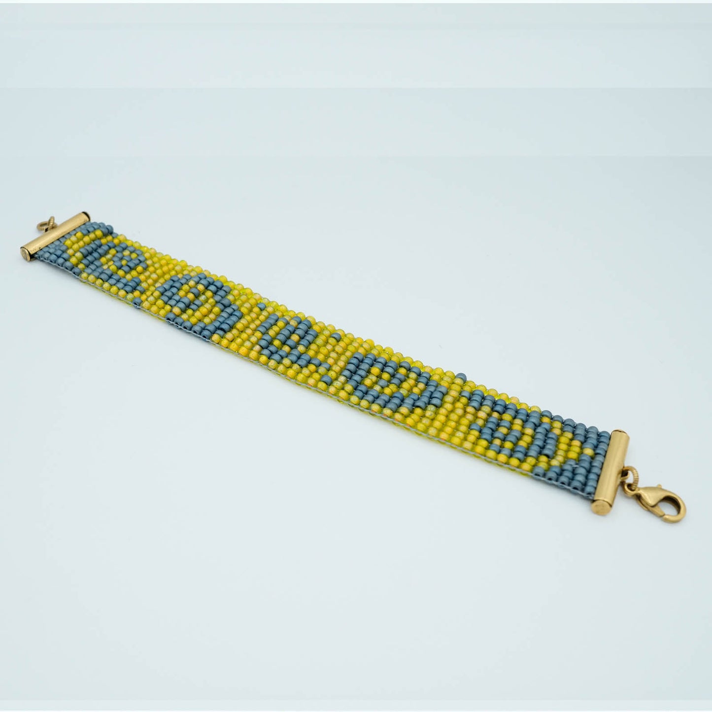 Peyote Stitch Seed Bead Bracelet with Decorative Clasp - Yellow and Blue