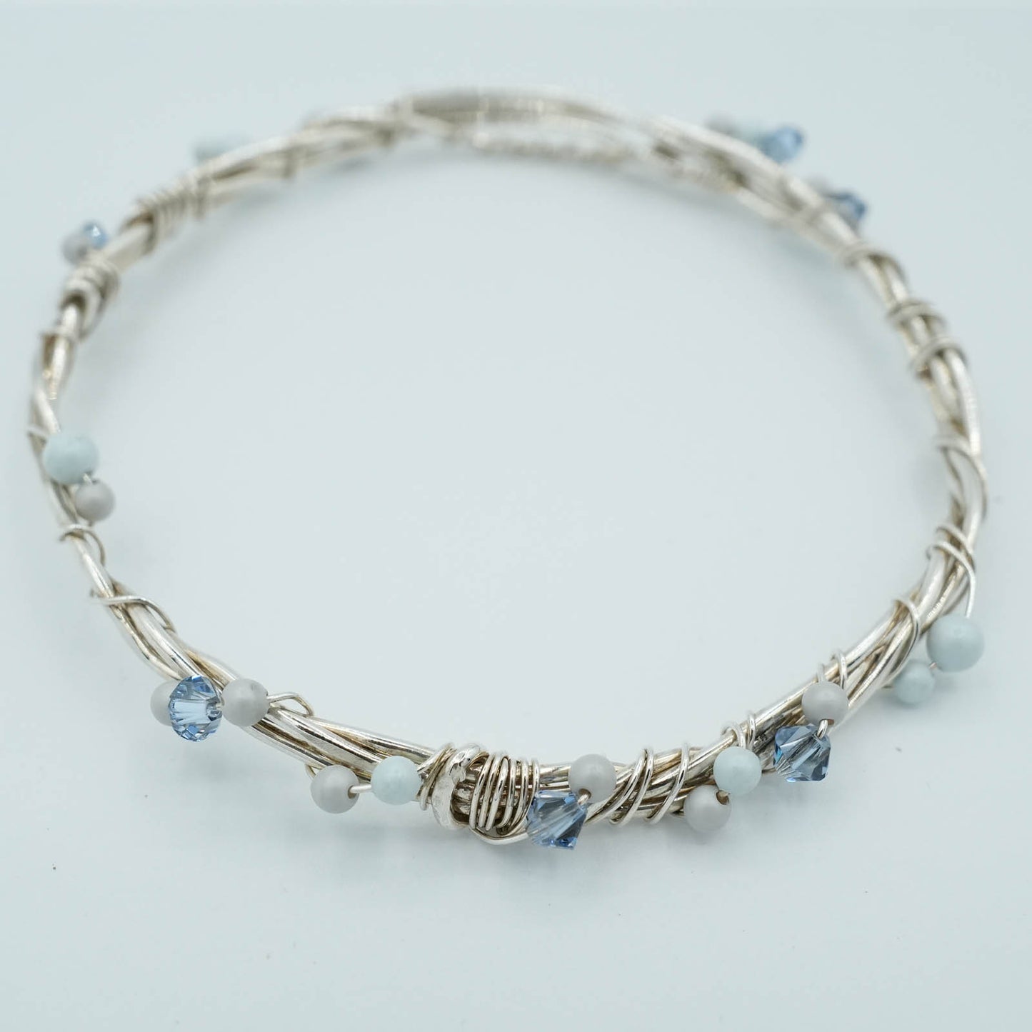 Handmade Sterling Silver Wire Wrapped Bangle with Crystals and Pearls