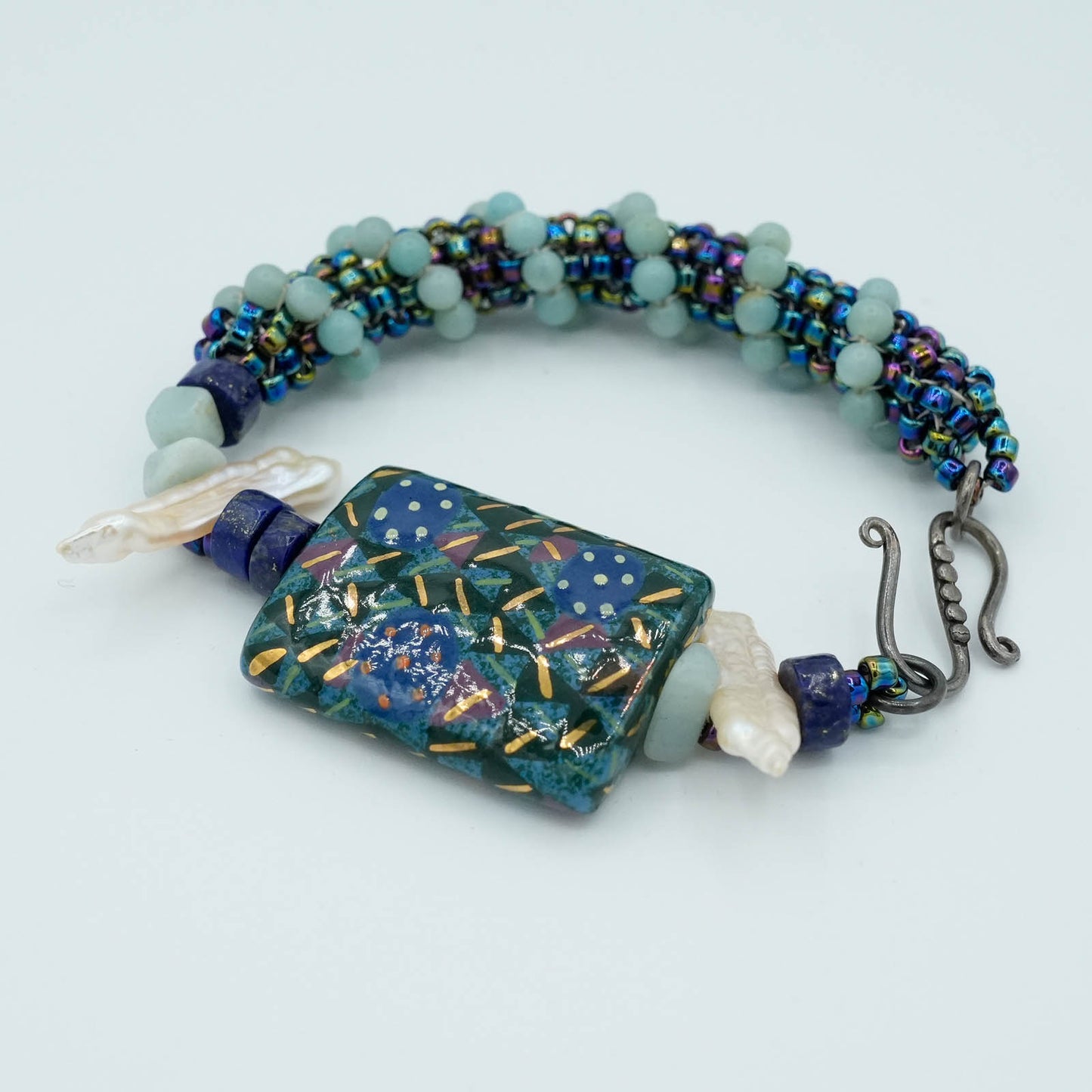 Blue Flat Bead with seed bead Bracelet