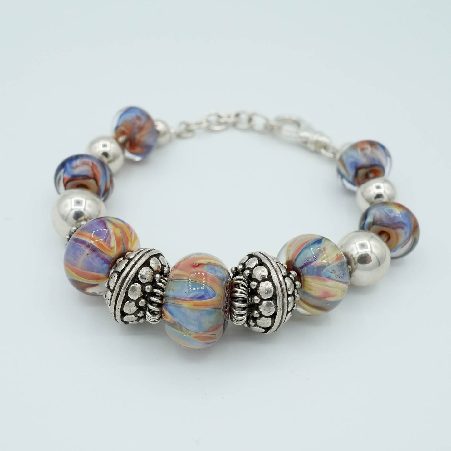 Mixed Color Glass Bead and silver wire bracelet