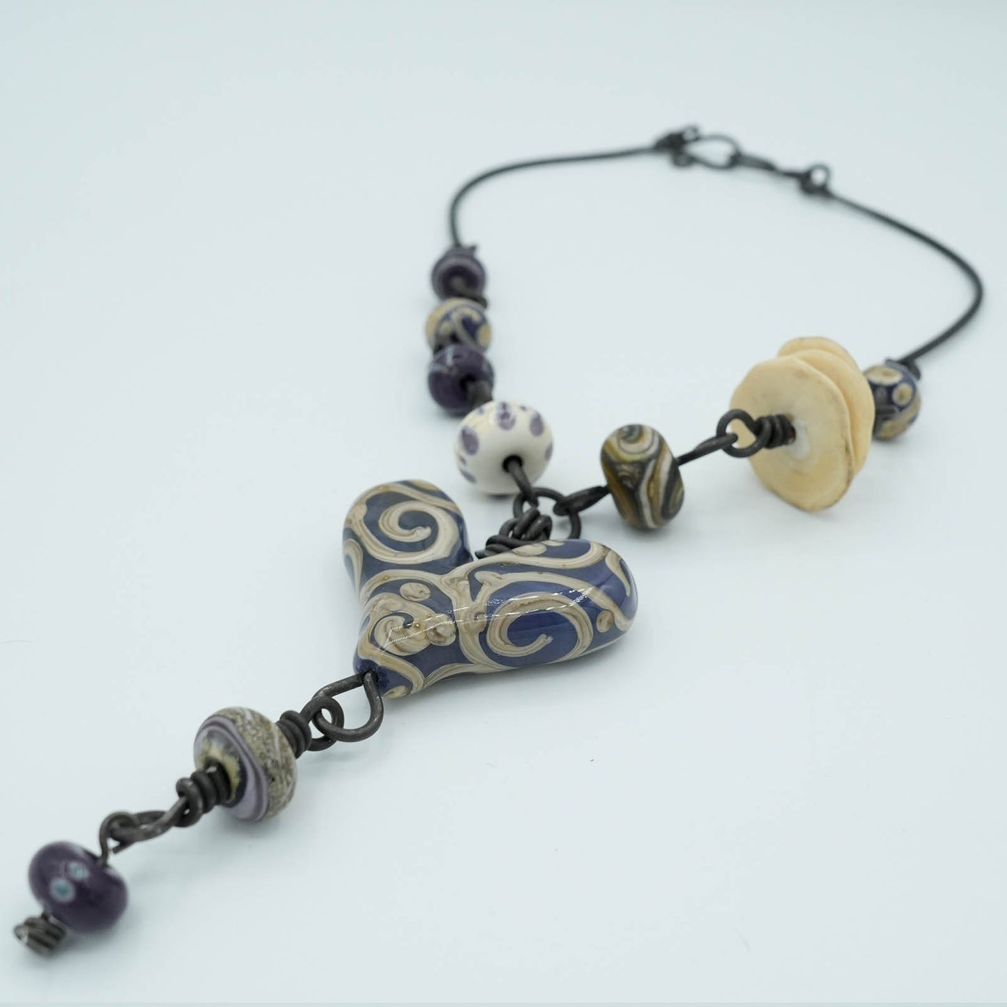 Amber Lamp-worked Heart and Metal Beads Steel Wire Necklace