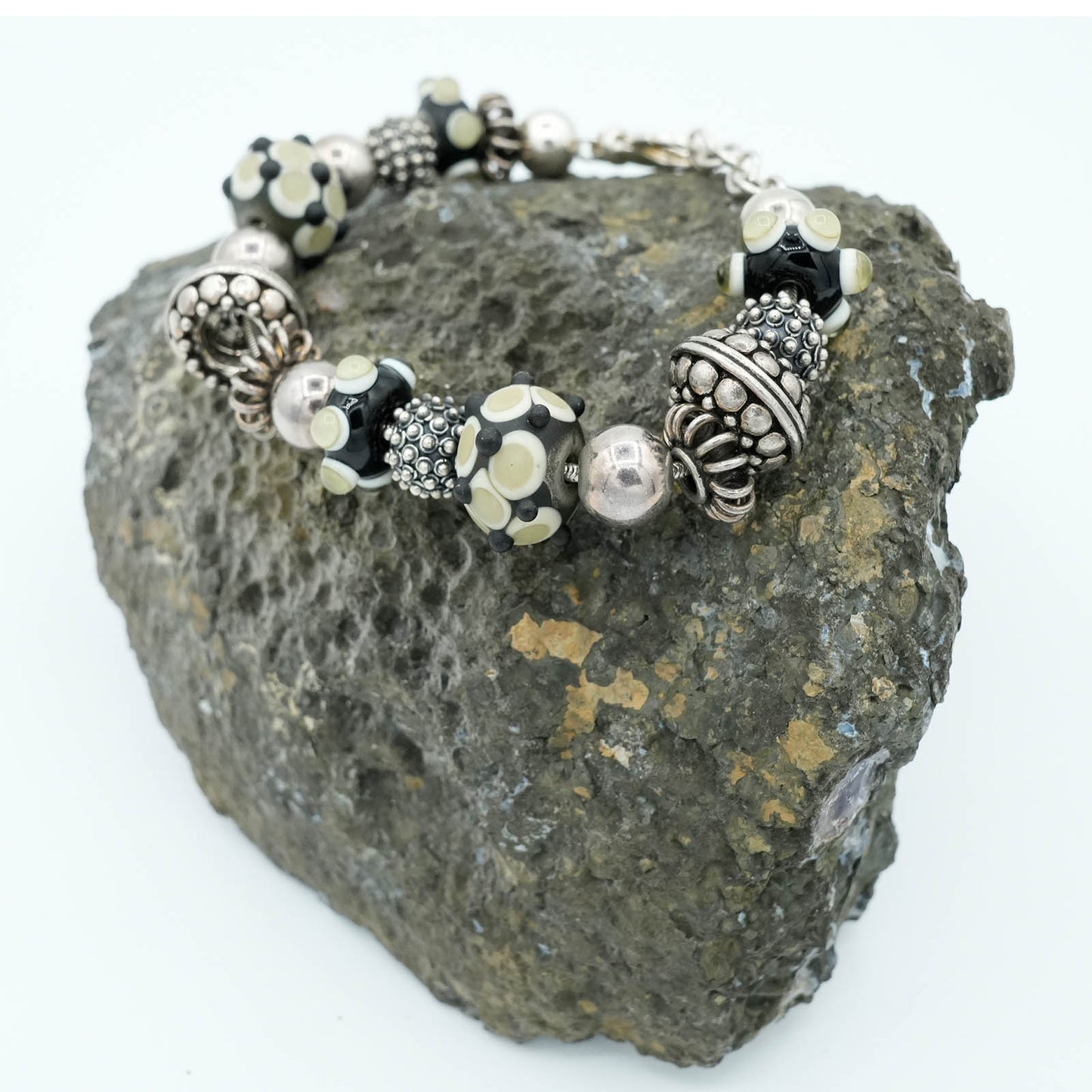 Black Lampwork and Sterling Silver Bead Bracelet