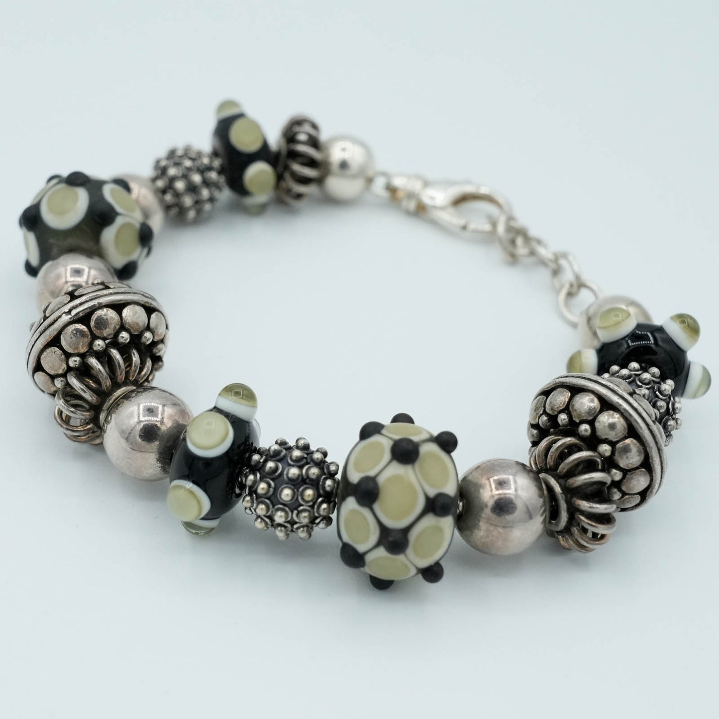 Black Lampwork and Sterling Silver Bead Bracelet