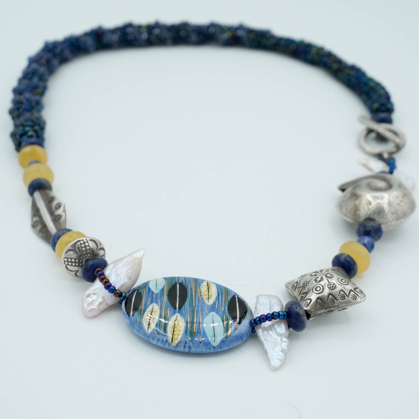 Blue Oval Porcelain Bead, Fine Silver Hill Tribes Silver Beads, Freshwater Pearls with Tubular Peyote Seed Bead Chain