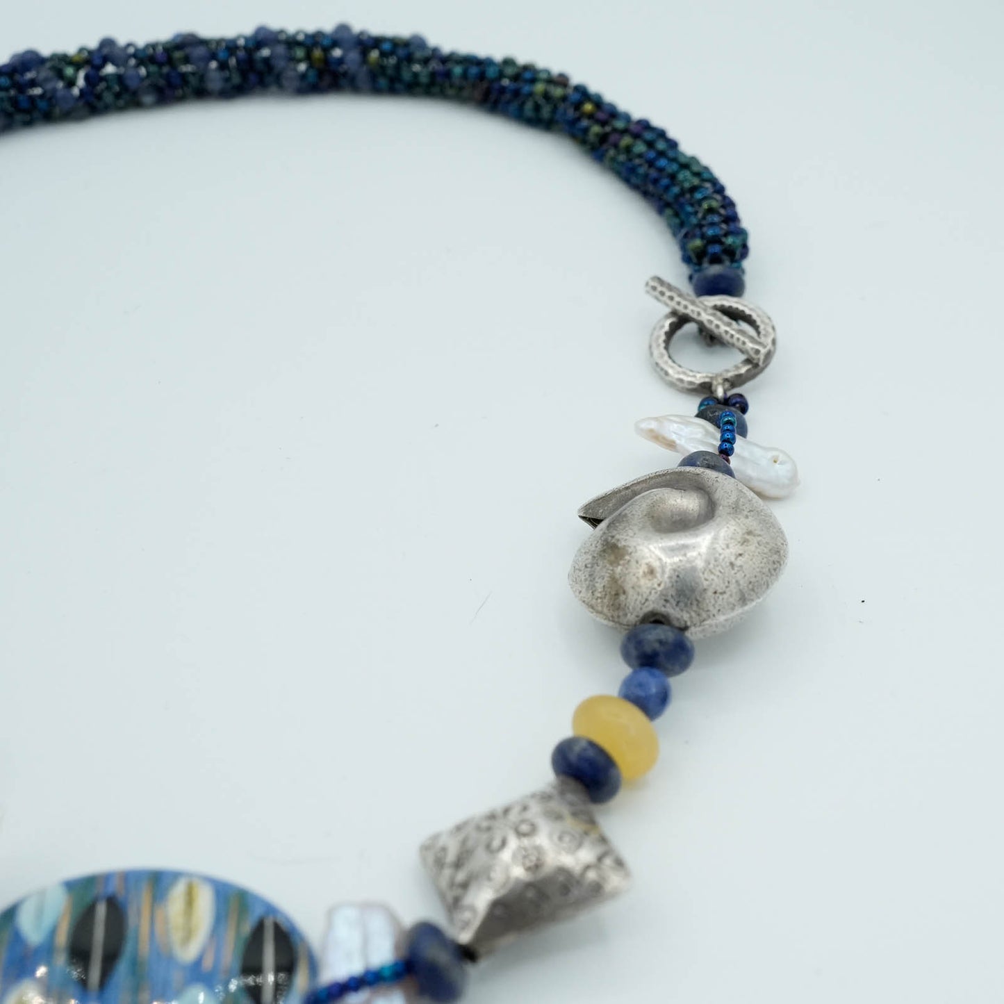 Blue Oval Porcelain Bead, Fine Silver Hill Tribes Silver Beads, Freshwater Pearls with Tubular Peyote Seed Bead Chain