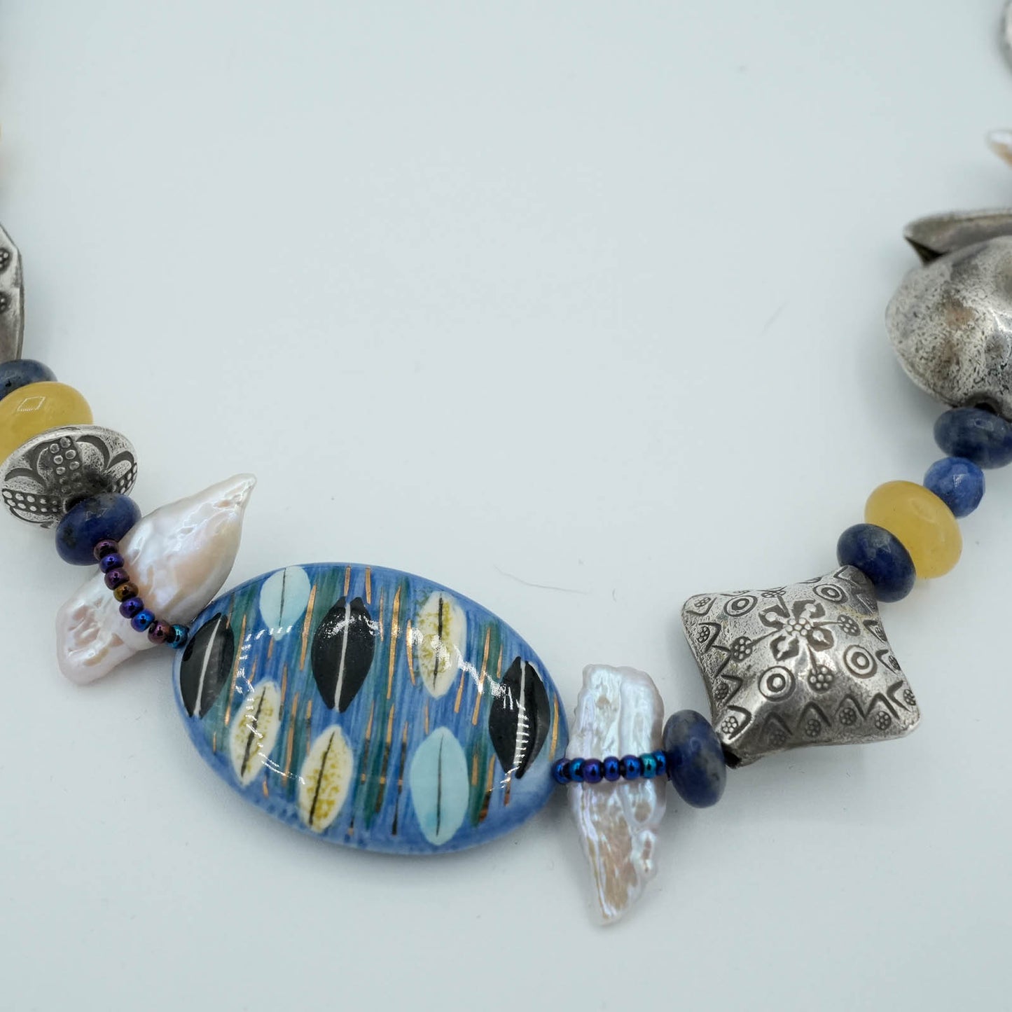 Blue Oval Porcelain Bead, Fine Silver Hill Tribes Silver Beads, Freshwater Pearls with Tubular Peyote Seed Bead Chain