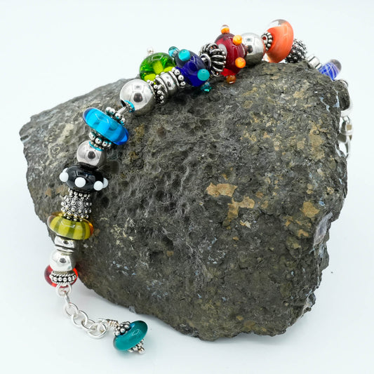 Mixed Color Lampwork Glass Bead and silver wire bracelet