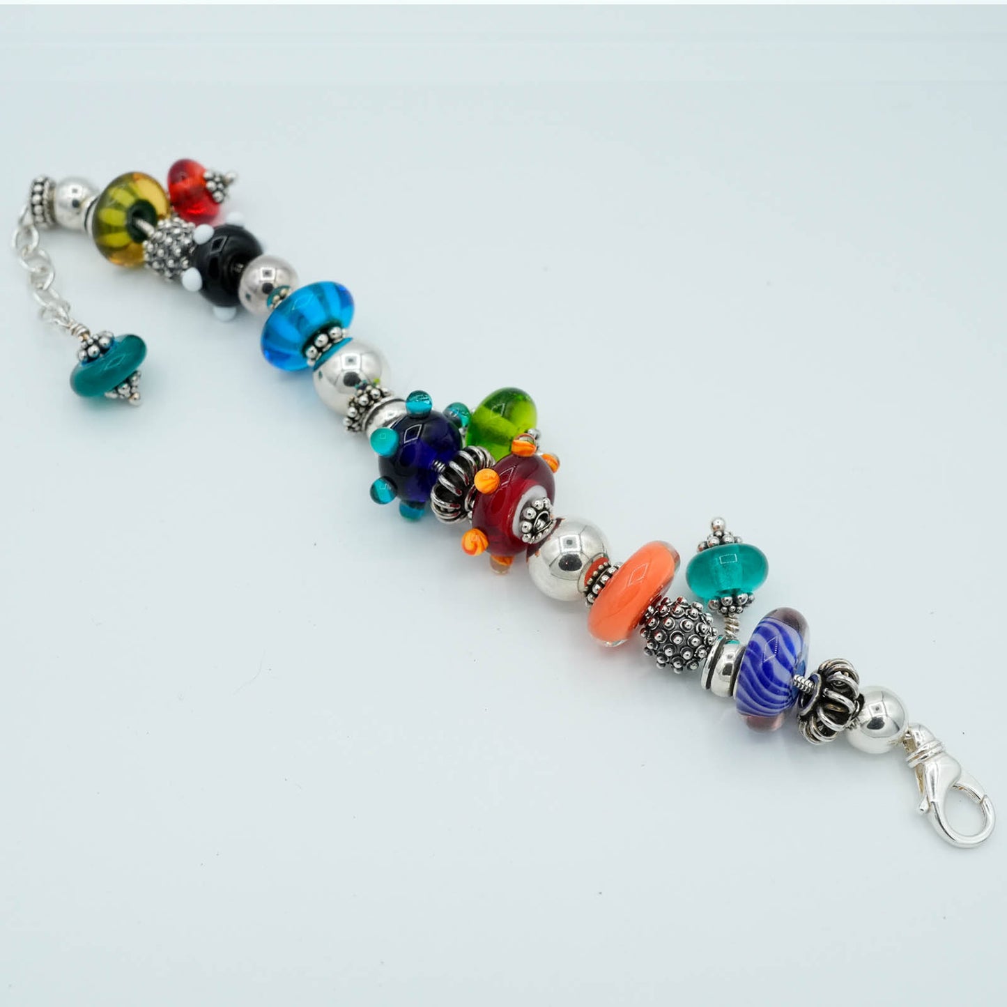 Mixed Color Lampwork Glass Bead and silver wire bracelet