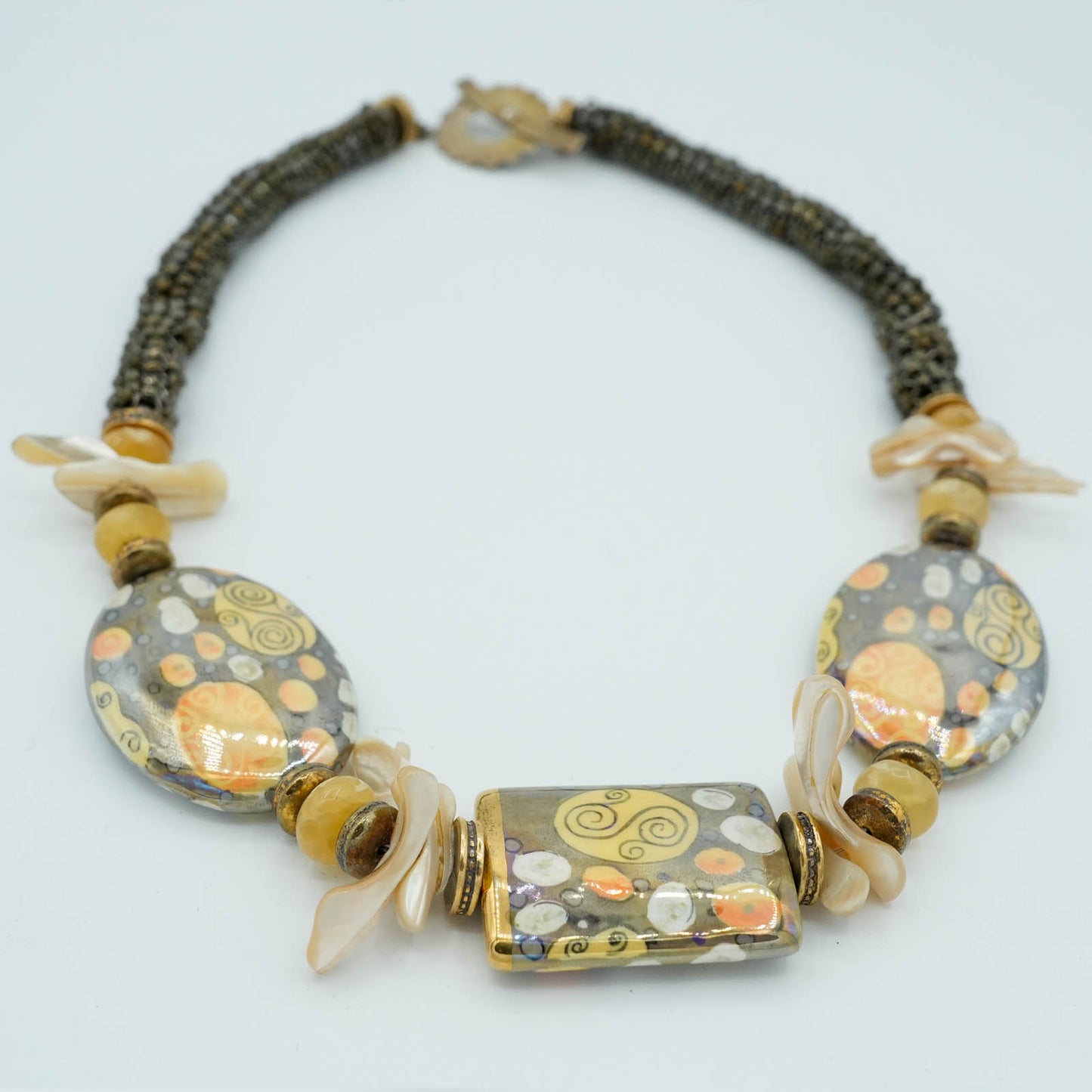 Gold Porcelain Beads and Freshwater Pearls with Tubular Peyote Seed Bead Chain