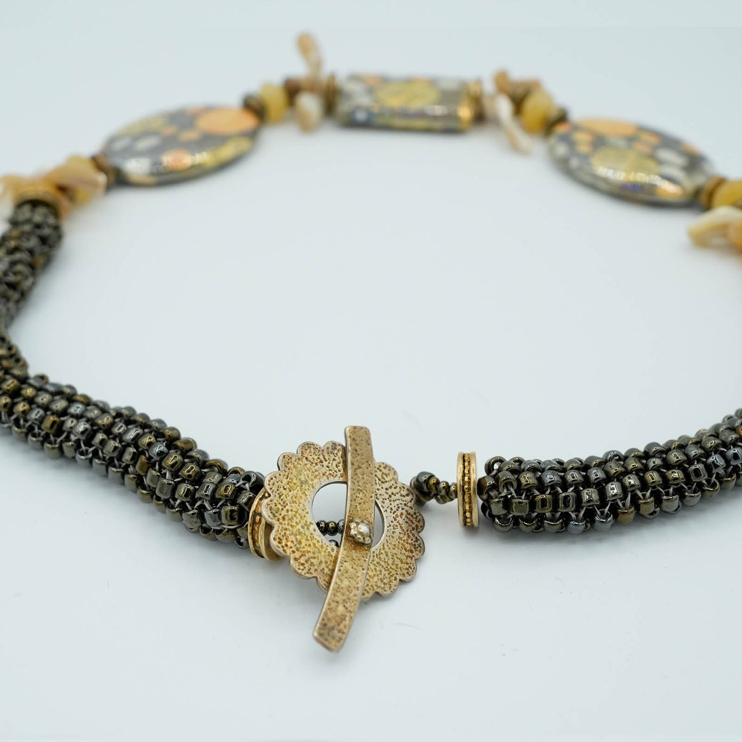 Gold Porcelain Beads and Freshwater Pearls with Tubular Peyote Seed Bead Chain