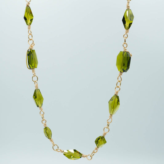Green Austrian Crystal and Gold Wire Wrapped Necklace