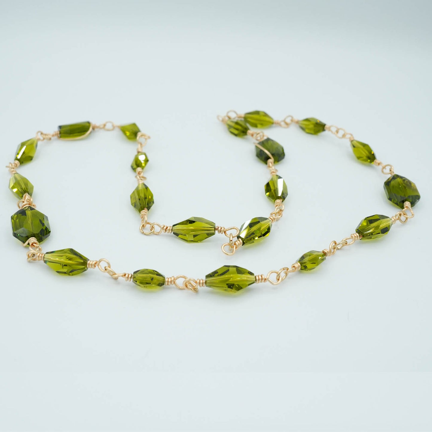 Green Austrian Crystal and Gold Wire Wrapped Necklace