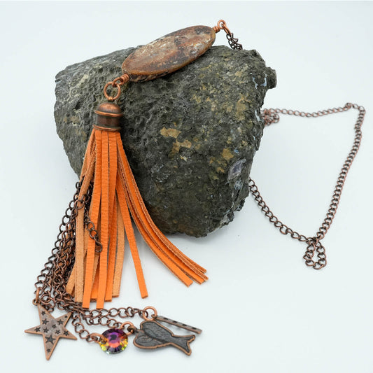 Mixed Media Orange Leather, Copper Chain and Crystal Detail Necklace