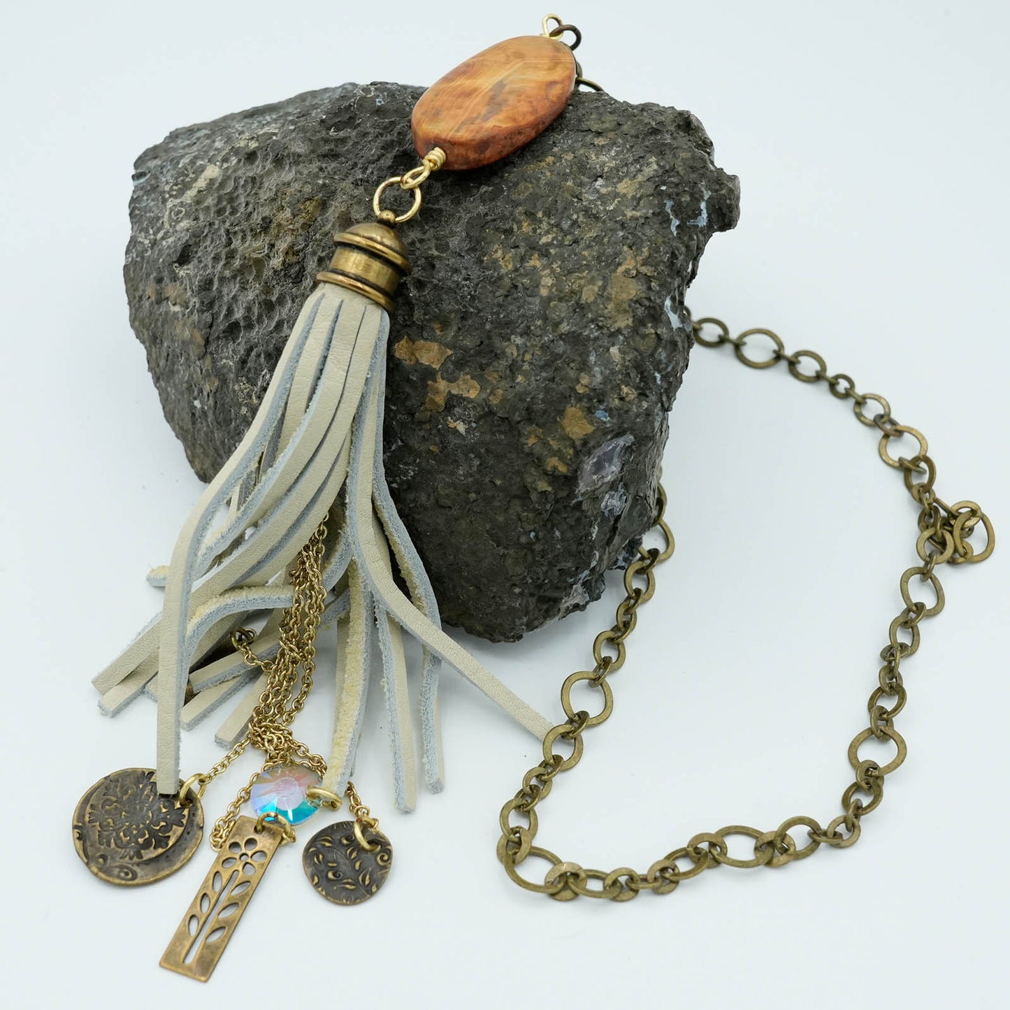 Mixed Media Gray Leather, Bronze Chain and Crystal Detail Necklace