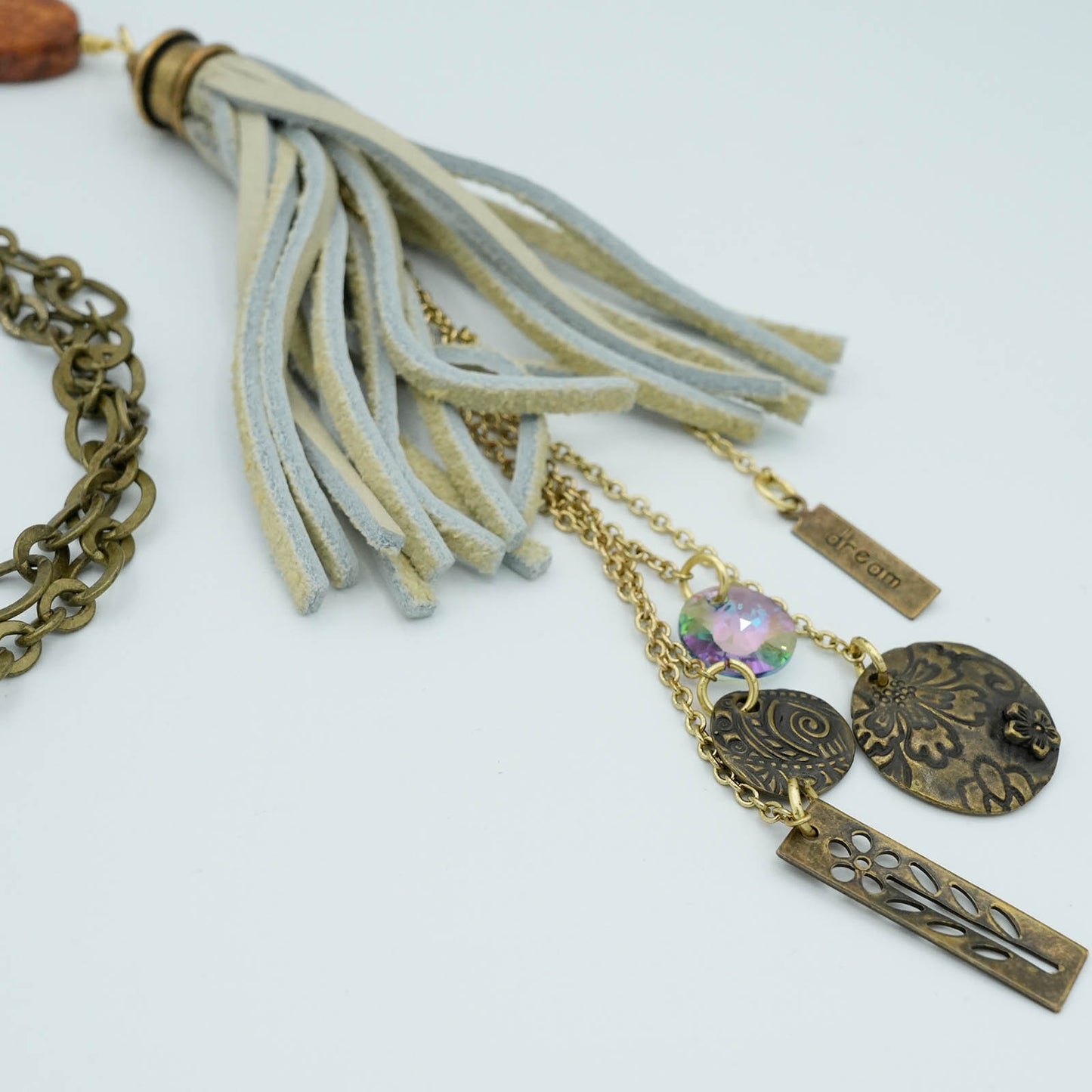 Mixed Media Gray Leather, Bronze Chain and Crystal Detail Necklace