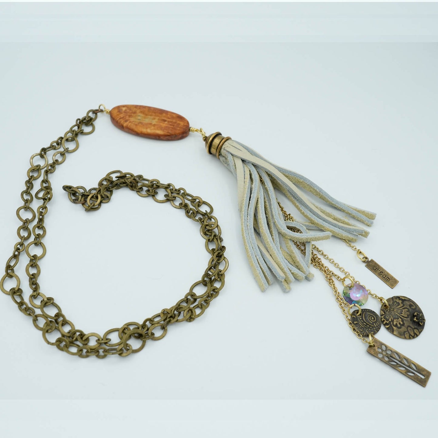 Mixed Media Gray Leather, Bronze Chain and Crystal Detail Necklace