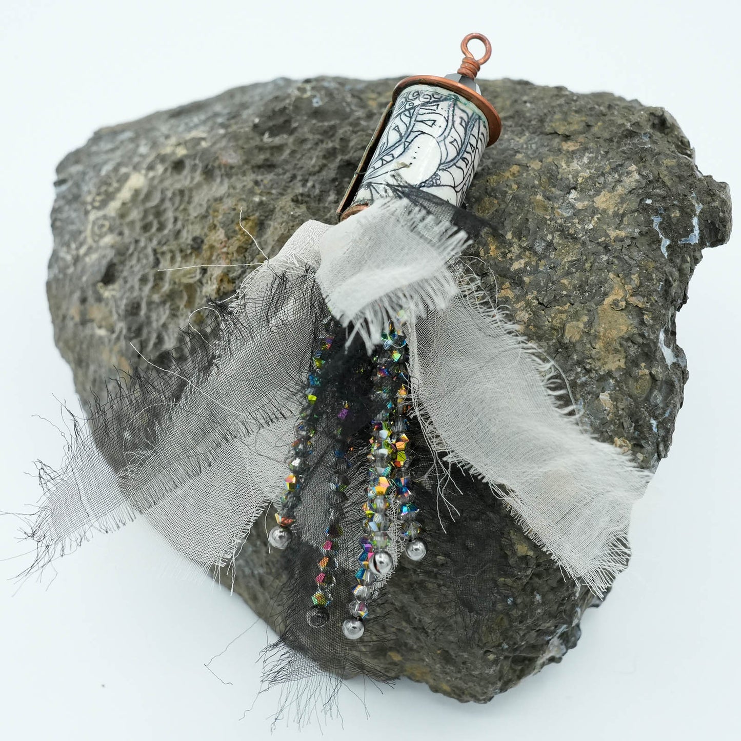 Playful Mixed Media Copper and Fabric tubular pendent with Crystal bead details