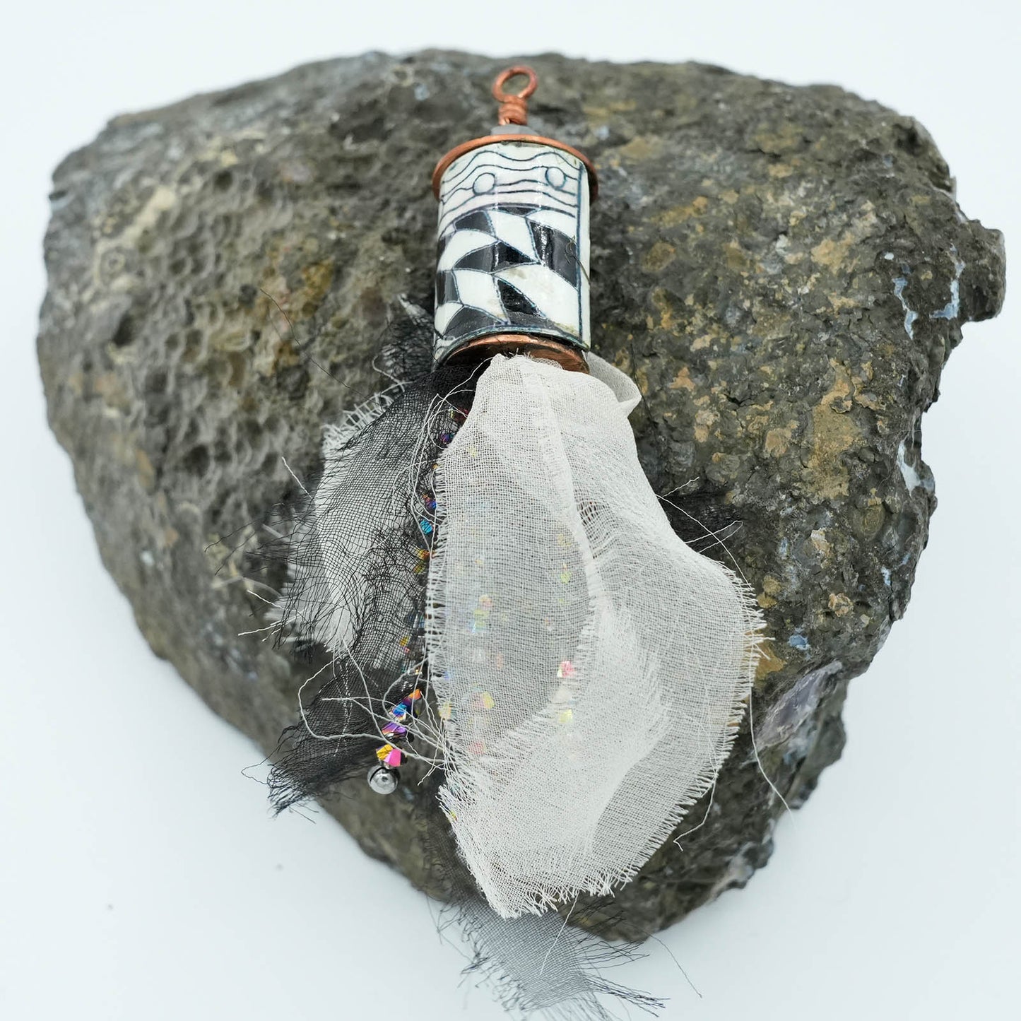 Playful Mixed Media Copper and Fabric tubular pendent with Crystal bead details