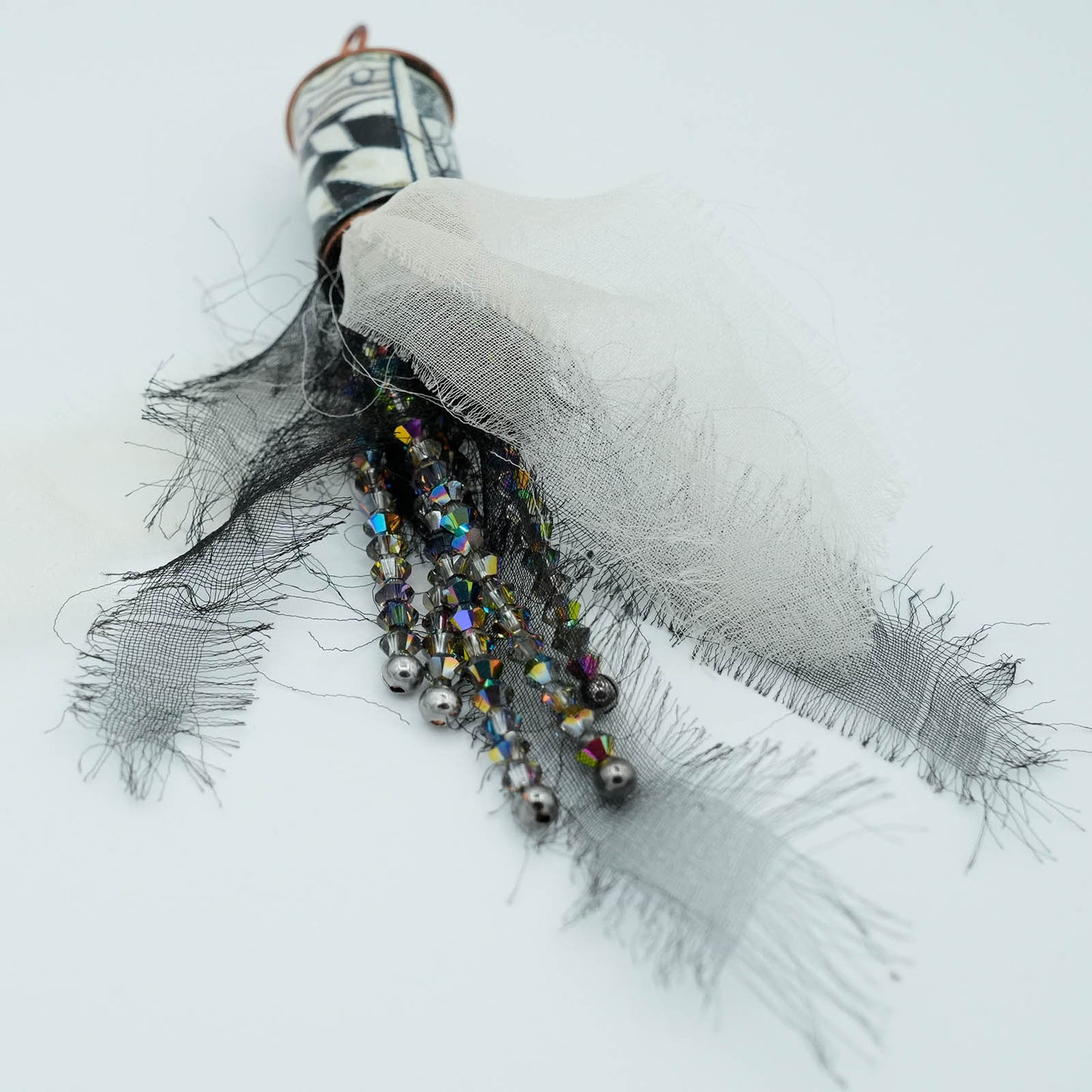 Playful Mixed Media Copper and Fabric tubular pendent with Crystal bead details