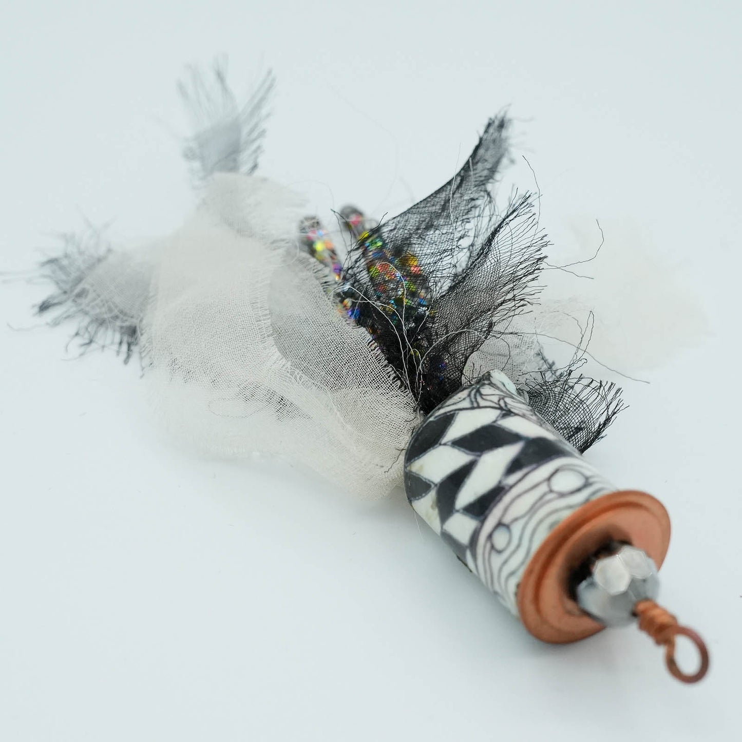 Playful Mixed Media Copper and Fabric tubular pendent with Crystal bead details