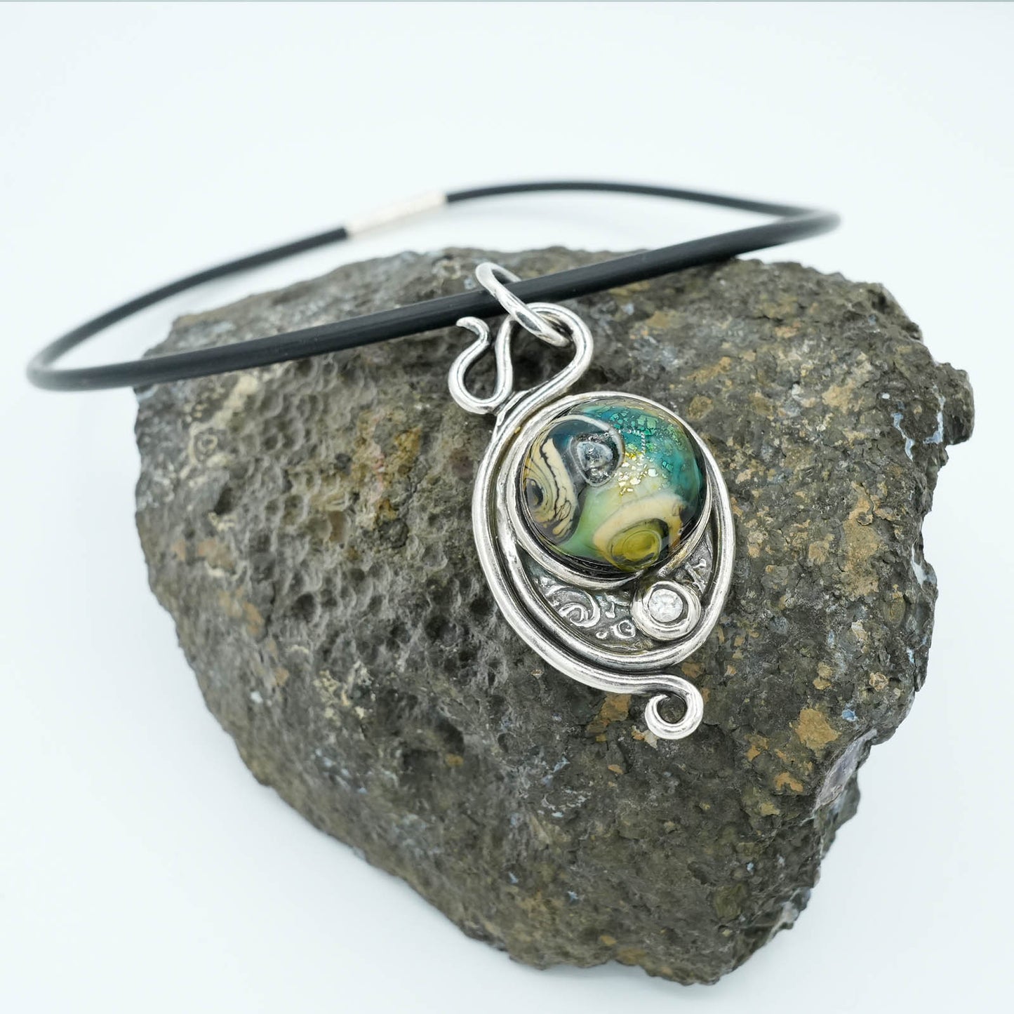 Precious Metal Clay and Swirled Blue and Green Glass Pendant Rubber Chain Necklace