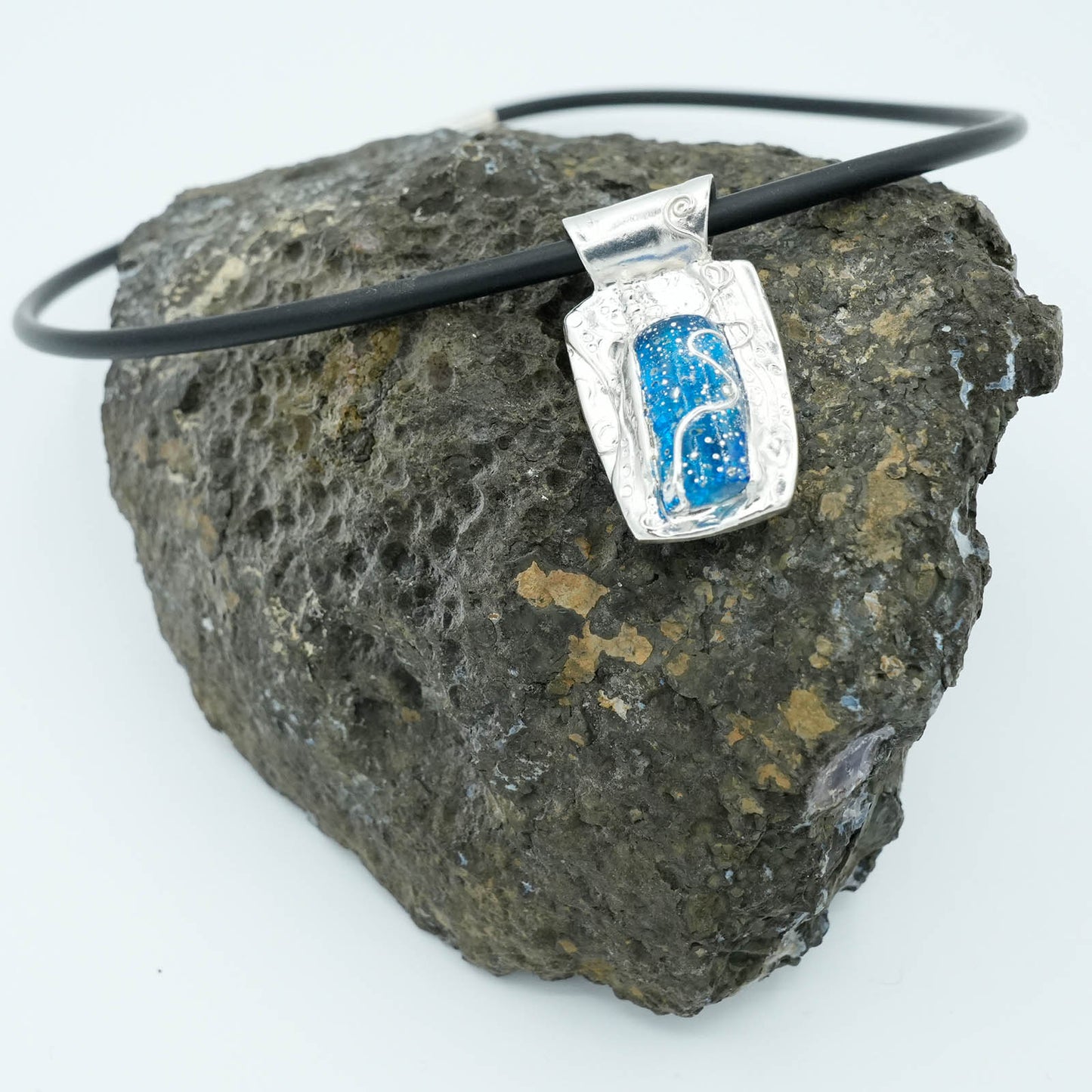 Precious Metal Clay and Blue Glass Pendant Necklace