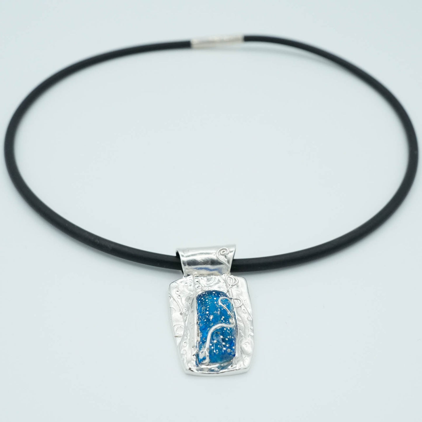 Precious Metal Clay and Blue Glass Pendant Necklace
