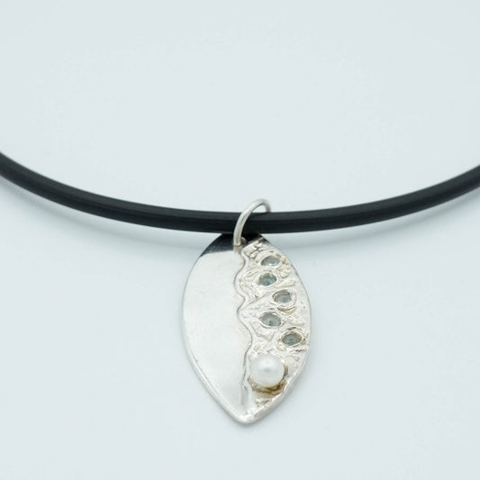 Leaf Shaped Precious Metal Clay Pendant with Pearl and Sapphires
