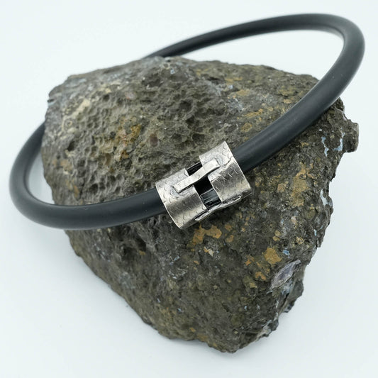 Precious Metal Clay Tube Pendant on thick rubber necklace