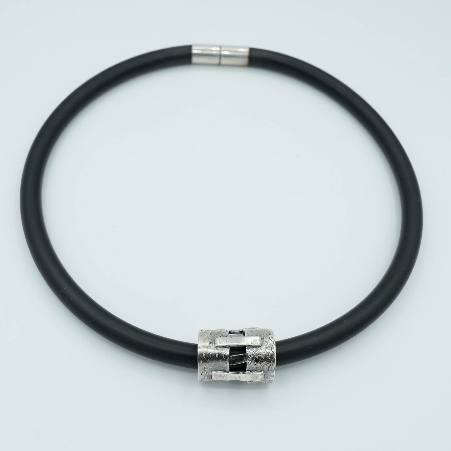 Precious Metal Clay Tube Pendant on thick rubber necklace