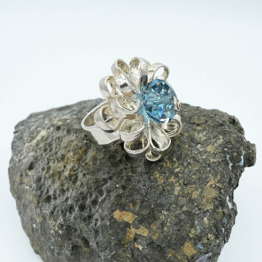 Precious Metal Clay Floral Ring with large Blue Austrian Crystal