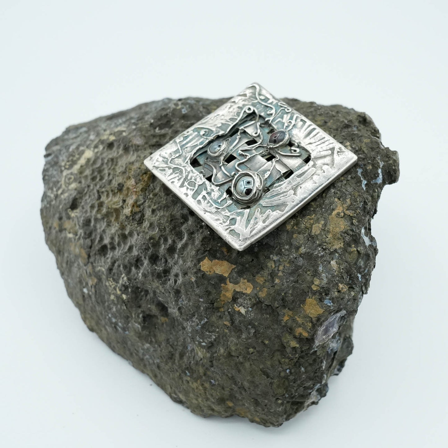 Diamond shaped Precious Metal Clay Pendant, Glass Bead Embellishment with Patina