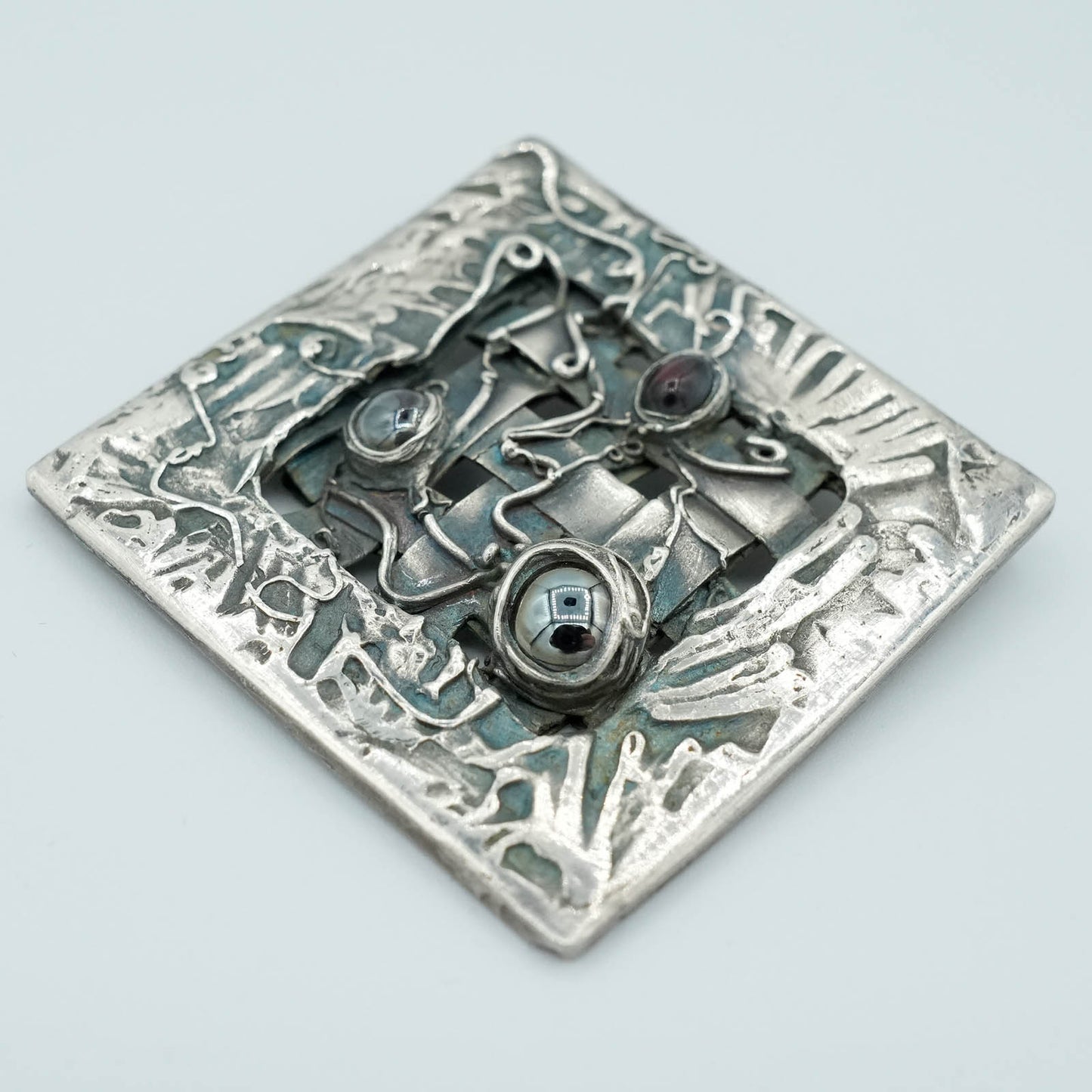 Diamond shaped Precious Metal Clay Pendant, Glass Bead Embellishment with Patina