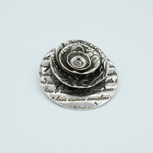Stacked Textured Precious Metal Clay Pendant in a floral design and Patina