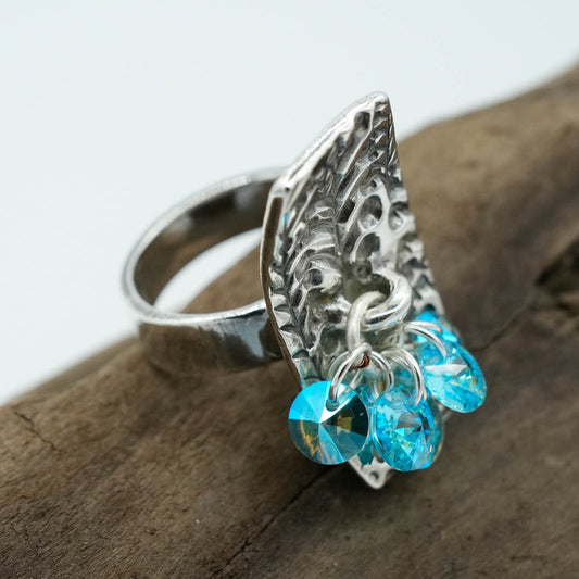 Curved Textured Precious Metal Clay Ring with Blue Dangling Crystals