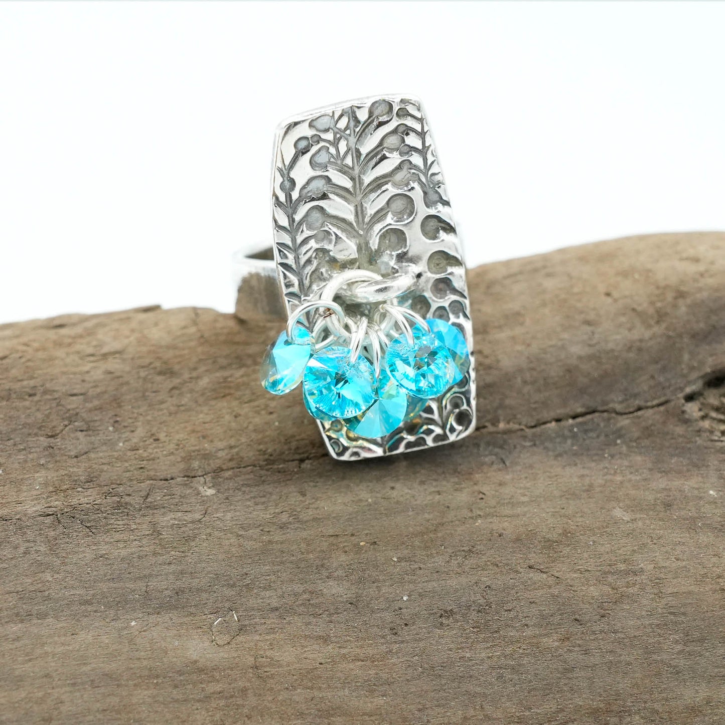 Curved Textured Precious Metal Clay Ring with Blue Dangling Crystals