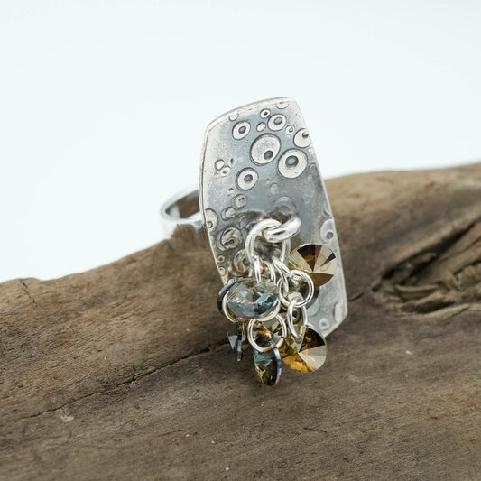 Curved Textured Precious Metal Clay Ring with Earth Tone Dangling Crystals