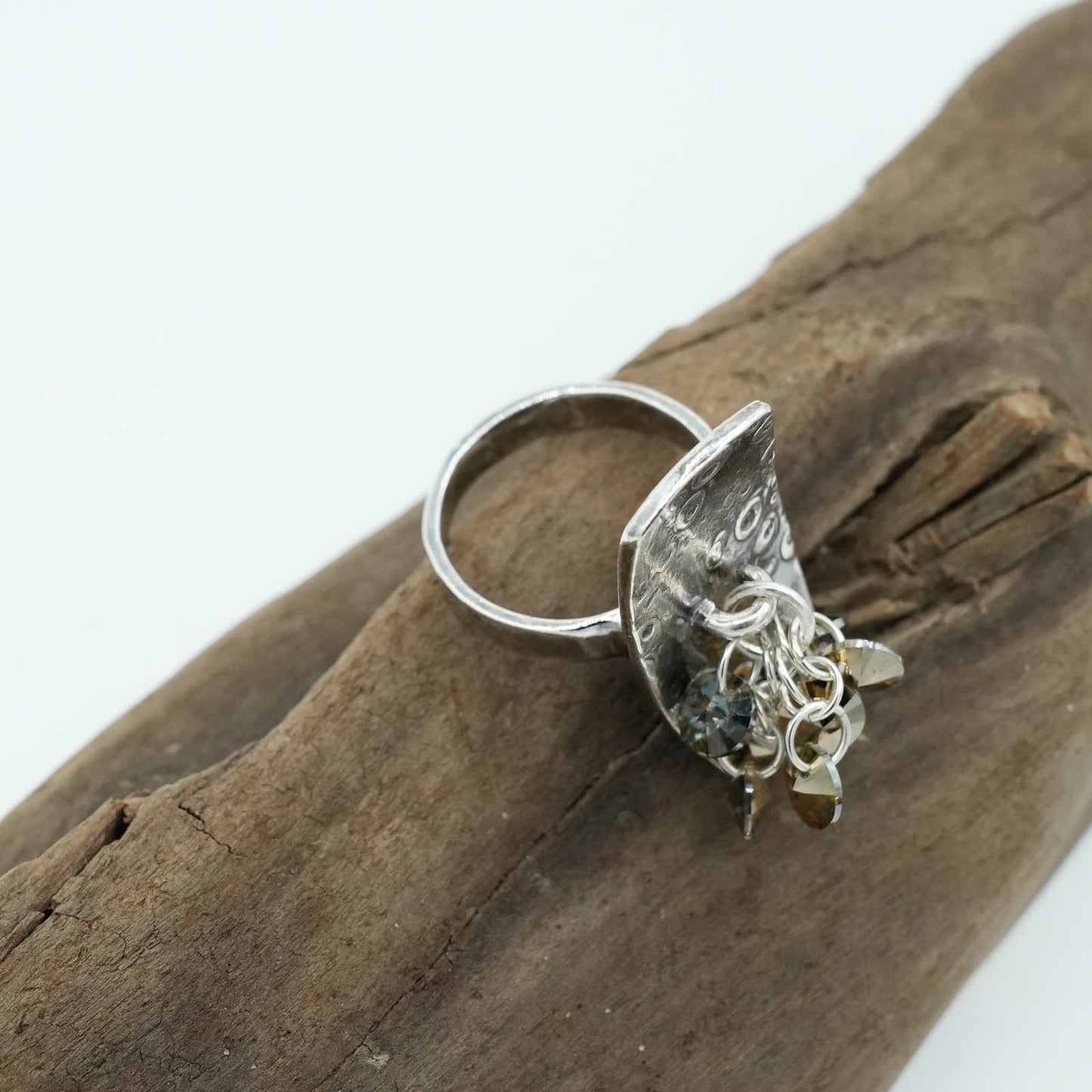 Curved Textured Precious Metal Clay Ring with Earth Tone Dangling Crystals