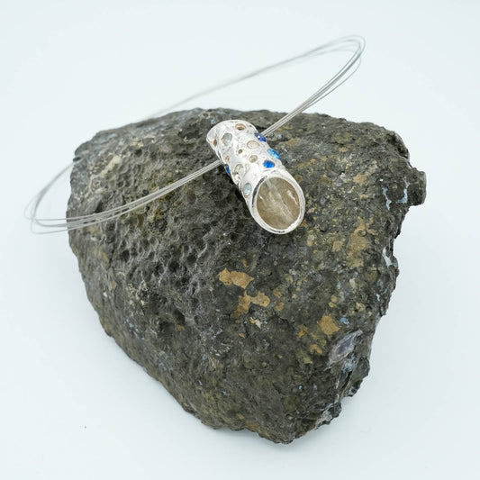 Textured and Crystal Embellished tubular shaped Precious Metal Clay Pendant