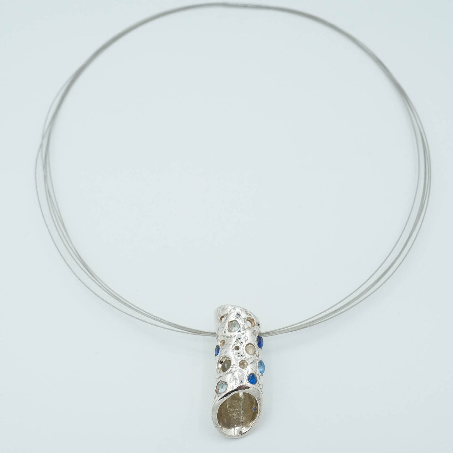 Textured and Crystal Embellished tubular shaped Precious Metal Clay Pendant