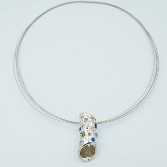Textured and Sapphire Studded Tubular Precious Metal Clay Pendant