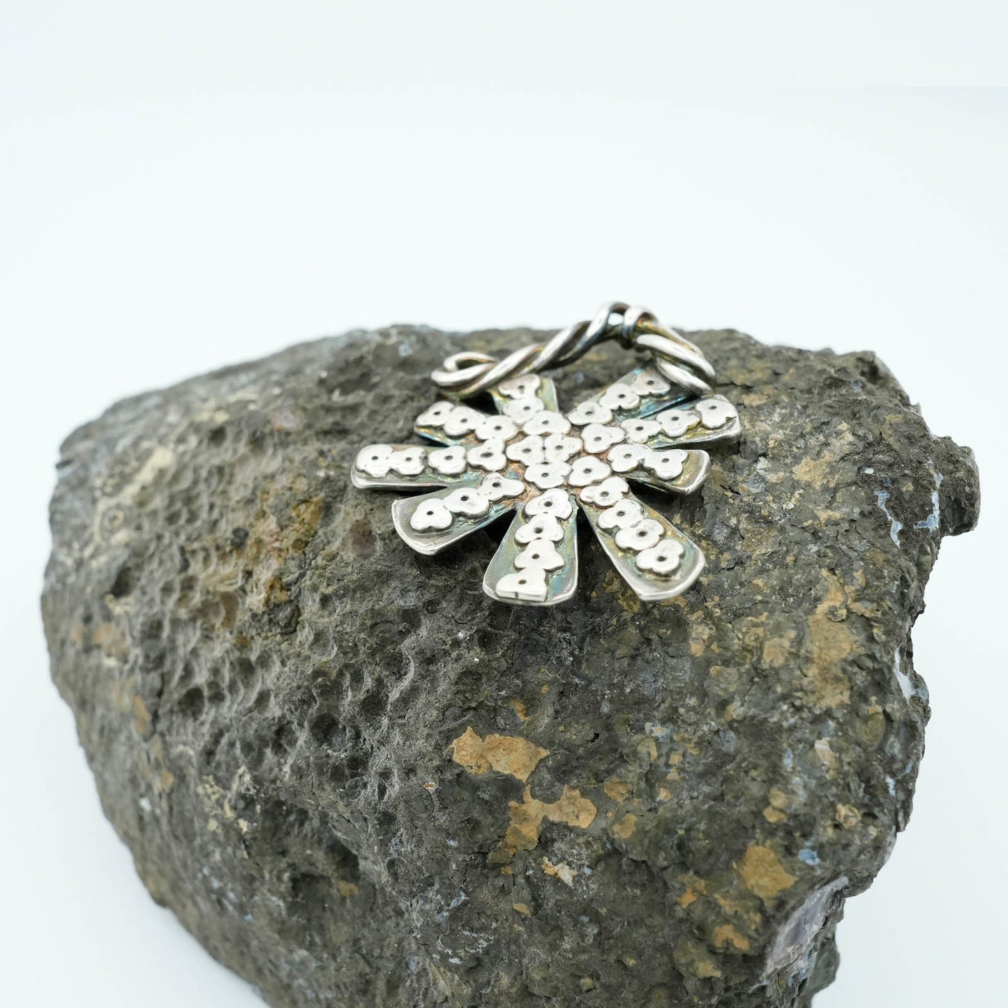 Textured Floral shaped Precious Metal Clay Pendant with Raised Texture and Patina