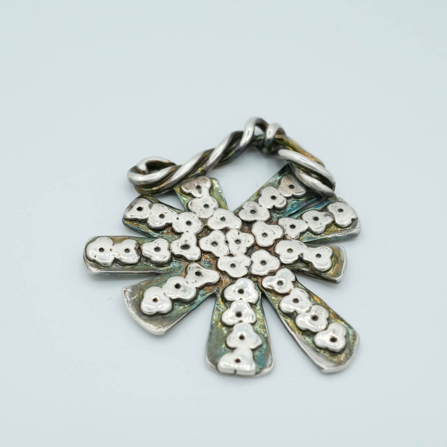 Textured Floral shaped Precious Metal Clay Pendant with Raised Texture and Patina
